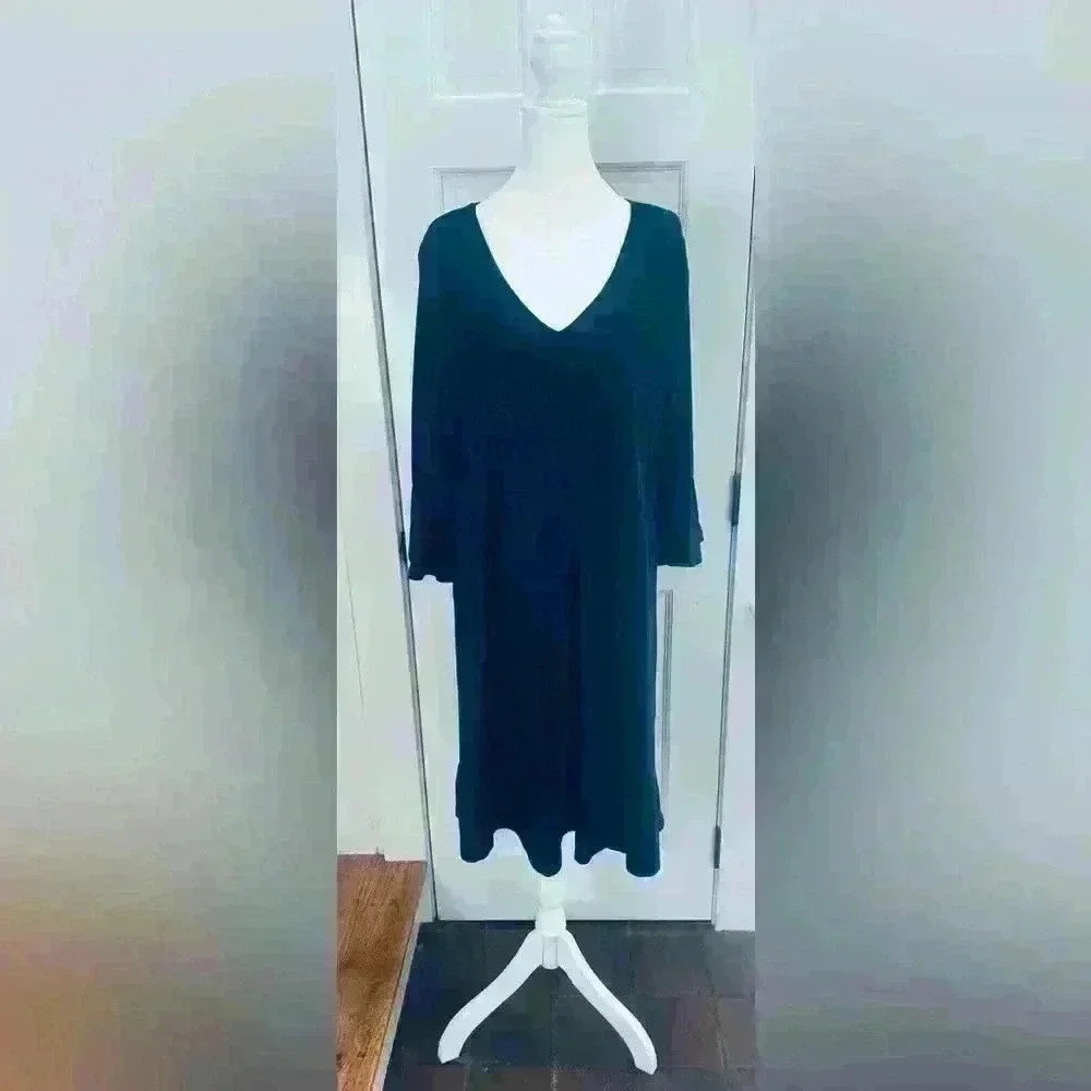 Coolmee Women Black V-Neck Smocked Bell Sleeve Ruffle Hem Midi Dress 2XL
